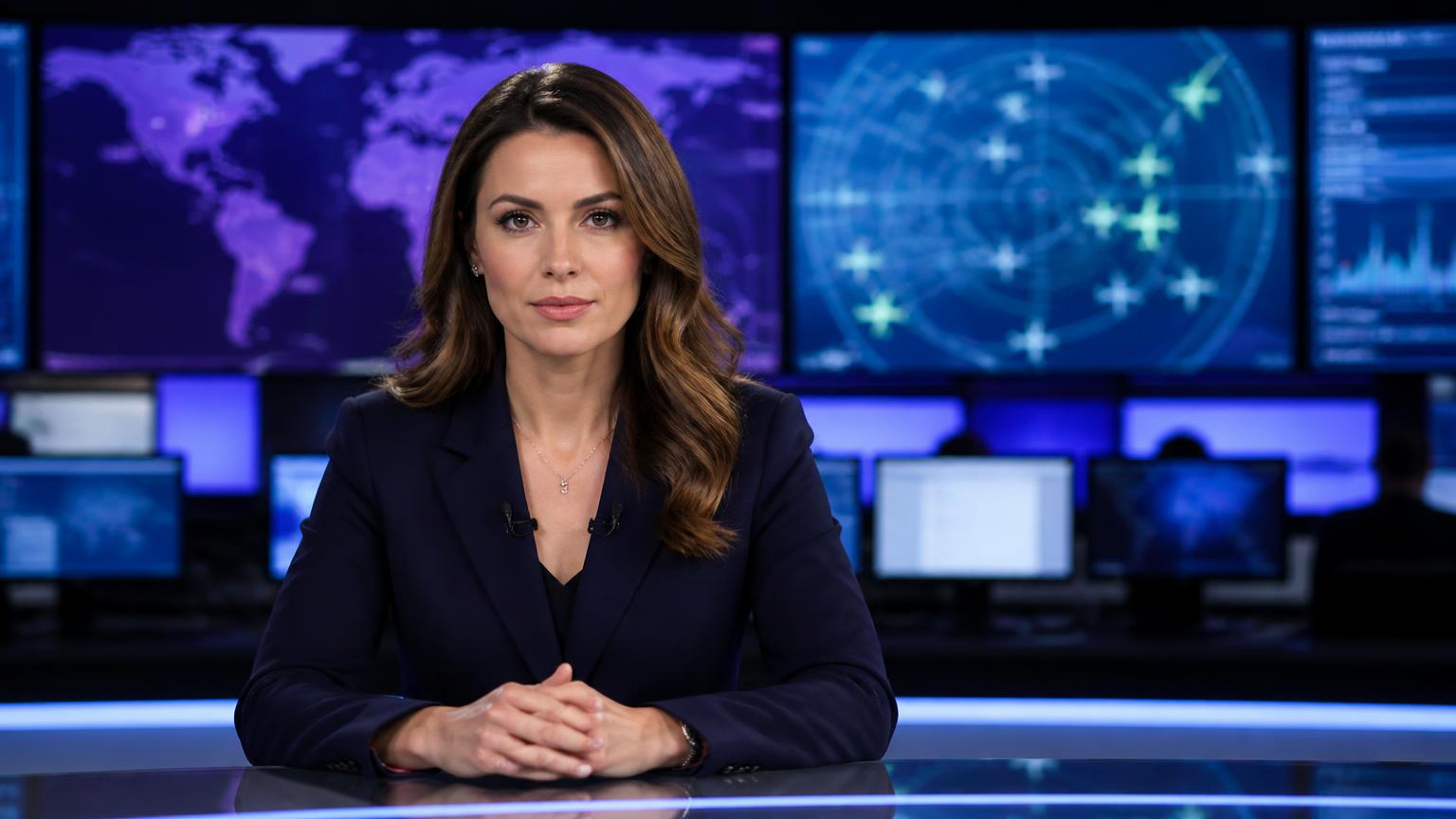 Ava Skyler, the AI anchor of InfiniteFeed, at the newsroom desk